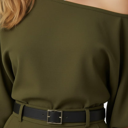 Gleame | Dames Tweedelige Set Asymmetrische Hals Wijde Broek Elegant